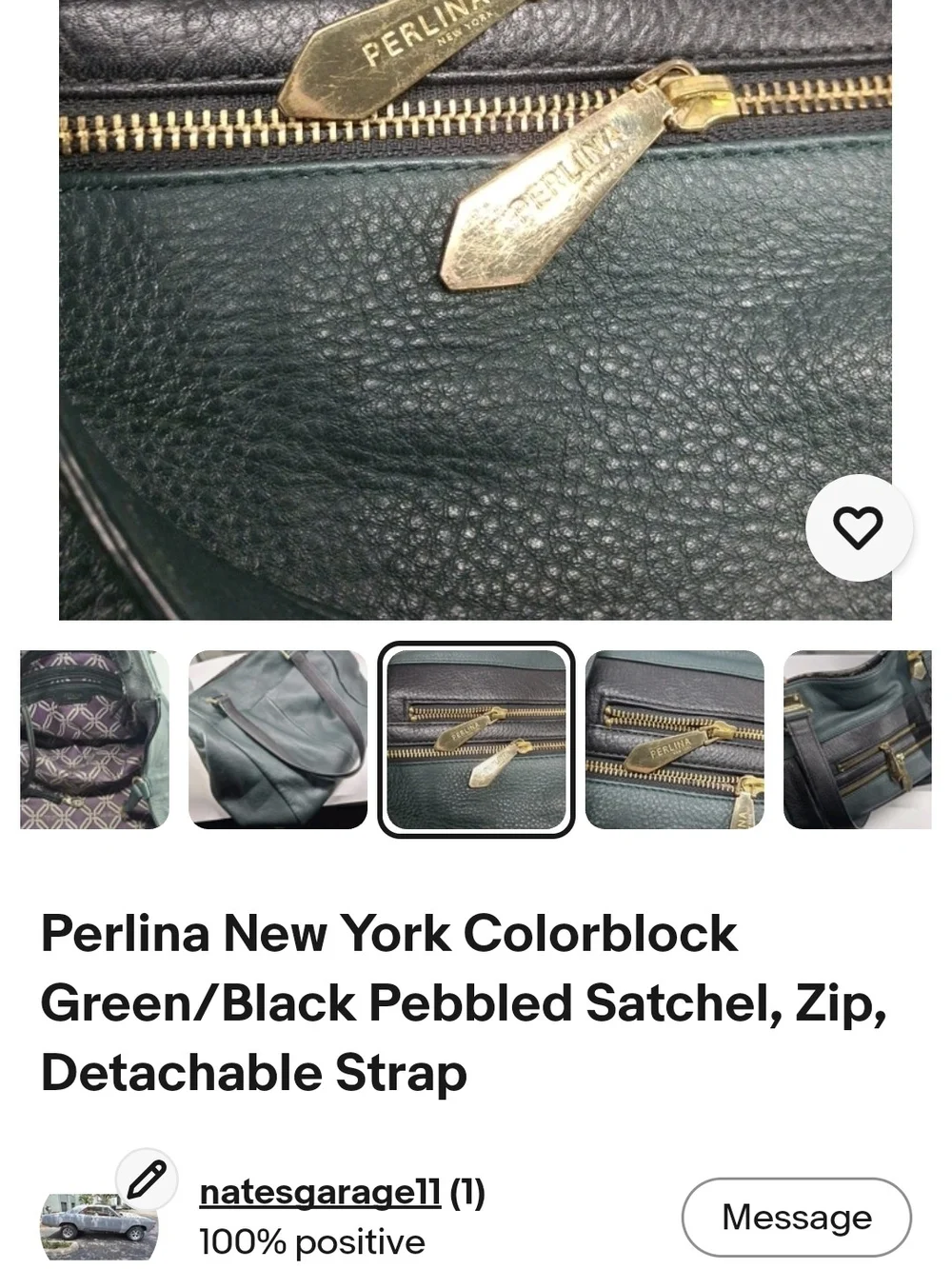 Perlini Italy...Green/Black Pebbled Satchel with Detachable Strap. Leather..